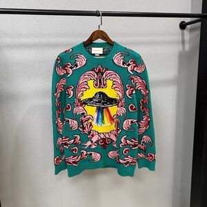🚩steal authentic Gucci Men's Teal Sweater with Pink and Yellow Design